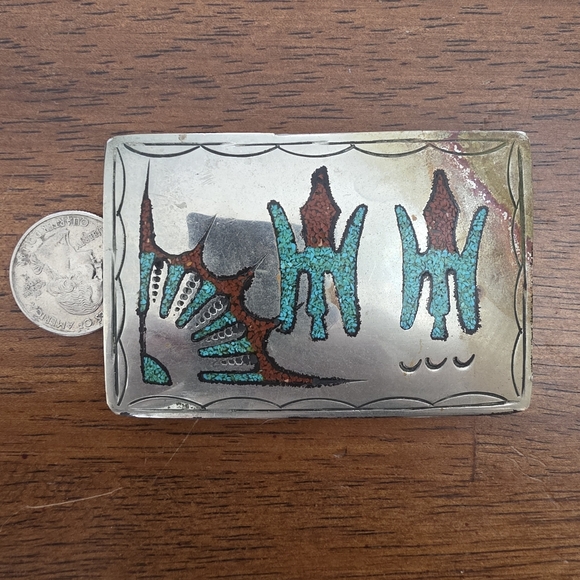 Vintage Silver Navajo Peyote Belt Buckle with Turquoise and Red Design - Picture 7 of 13